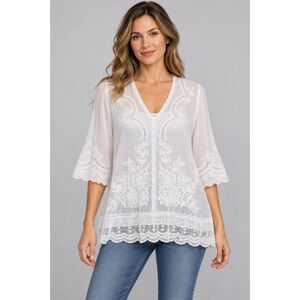 Johnny Was White Ivory Embroidered Blouse Top Womens Medium
